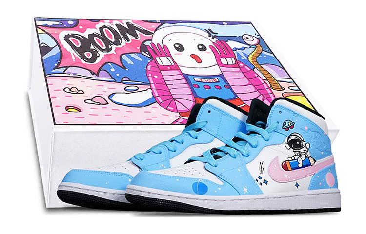 Buy [Kasut Custom] Air Jordan 1 Mid 'Panda Biru Merah Jambu' 554725-075(TeamT-铅笔宇航员女S-BOX)