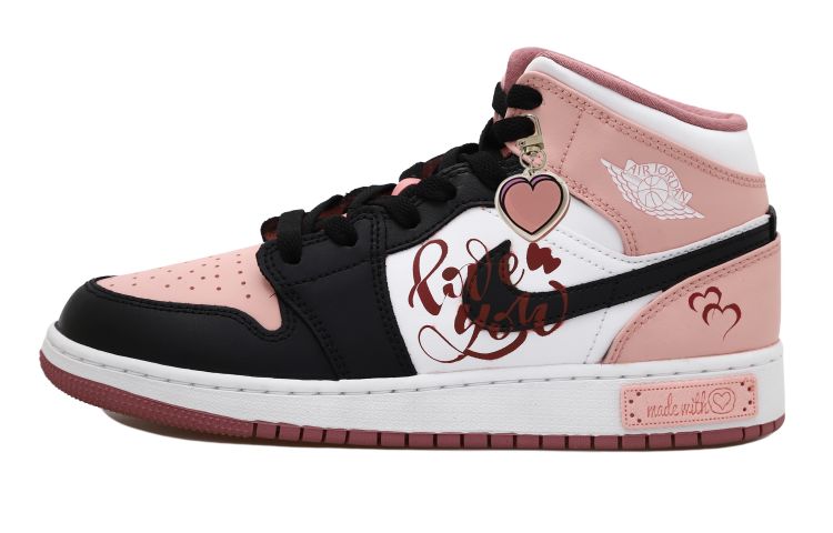 Order [Sepatu Kustom] Air Jordan 1 Mid 'Pink Black White Heart Patch' DQ8423-616(Team拾玖-粉心贴布S-BOX)