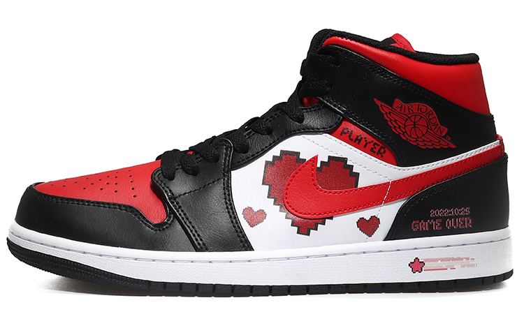 Buy [Sepatu Kustom] Air Jordan 1 Mid 'Pixel Heart Bred Toe' 554724-079(Team10-像素爱心男黑红QD)
