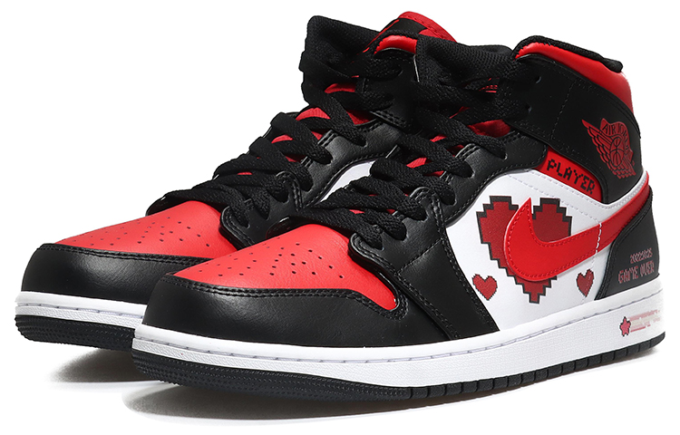 Lookbook [Sepatu Kustom] Air Jordan 1 Mid 'Pixel Heart Bred Toe' 554724-079(Team10-像素爱心男黑红QD)
