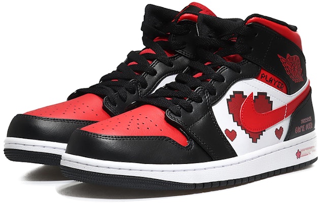 【訂製球鞋】Jordan Air Jordan 1 Mid Bred Toe 像素愛心 電玩棉花 遊戲電競 中幫 復古籃球鞋 男款 黑紅 Lookbook 【訂製球鞋】Jordan Air Jordan 1 Mid Bred Toe 像素愛心 電玩棉花 遊戲電競 中幫 復古籃球鞋 男款 黑紅