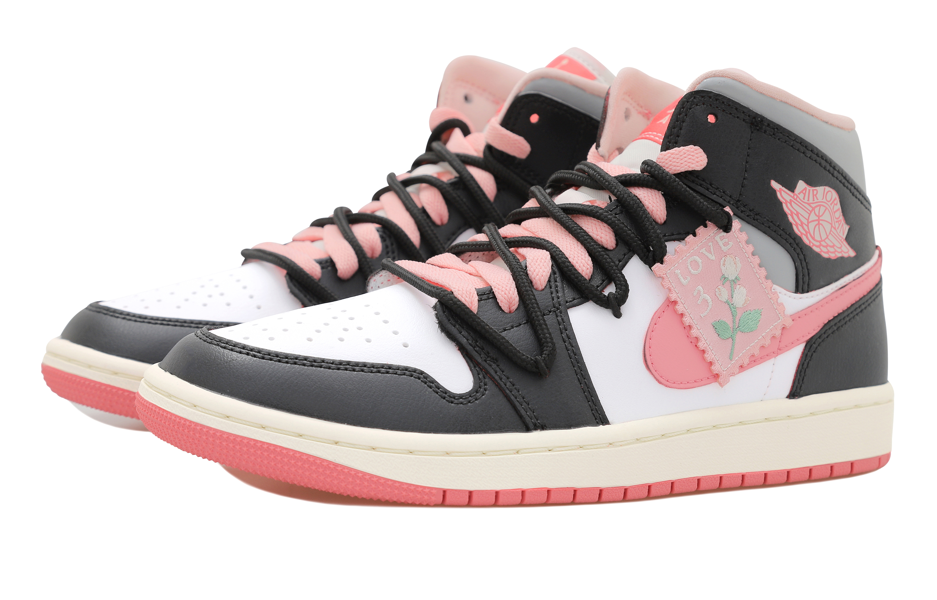 Shop [Sepatu Custom] Air Jordan 1 Mid 'Romantic Rose Charm Hitam Putih Merah Muda' BQ6472-186(Team拾玖-塞纳河畔S-BOX)
