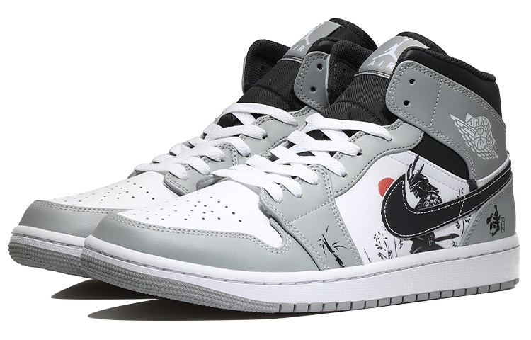 Lookbook [Kasut Custom] Air Jordan 1 Mid 'Samurai Kelabu-Putih-Hitam' 554724-078(Team10-武士道）