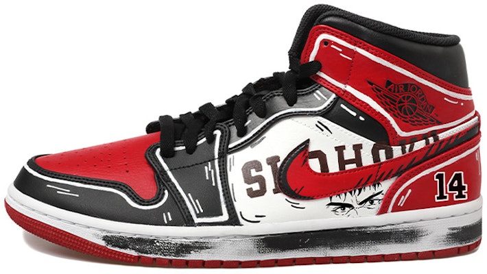 【定制球鞋】Jordan Air Jordan 1 Mid 熱血青春系列 灌籃高手 塗鴉 動漫二次元 14號 三井壽 中幫 復古籃球鞋 GS 黑紅白 Buy 【定制球鞋】Jordan Air Jordan 1 Mid 熱血青春系列 灌籃高手 塗鴉 動漫二次元 14號 三井壽 中幫 復古籃球鞋 GS 黑紅白