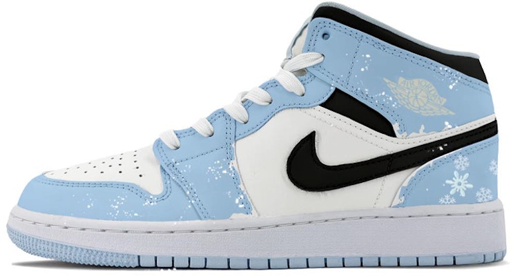 【定製球鞋】Jordan Air Jordan 1 Mid 雪花刺繡貼 中幫 復古籃球鞋 GS 白藍黑 Buy 【定製球鞋】Jordan Air Jordan 1 Mid 雪花刺繡貼 中幫 復古籃球鞋 GS 白藍黑