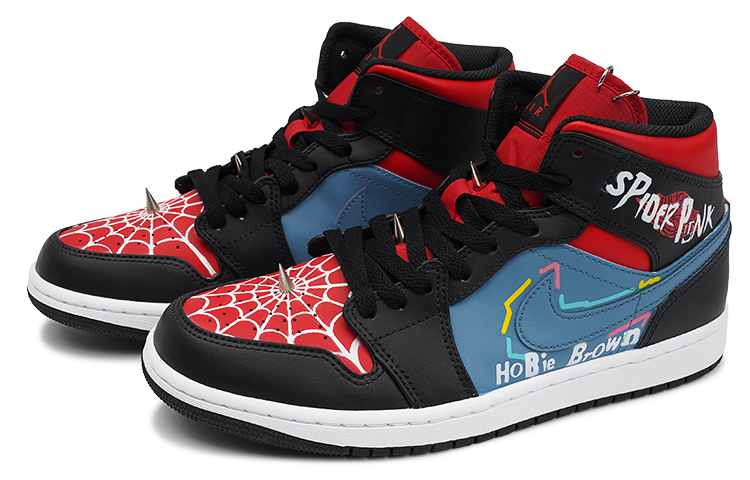 Lookbook 【訂製球鞋】 Jordan Air Jordan 1 Mid 莓刻 朋客蜘蛛 蜘蛛俠搖滾 中筒 復古籃球鞋 男款 黑紅藍