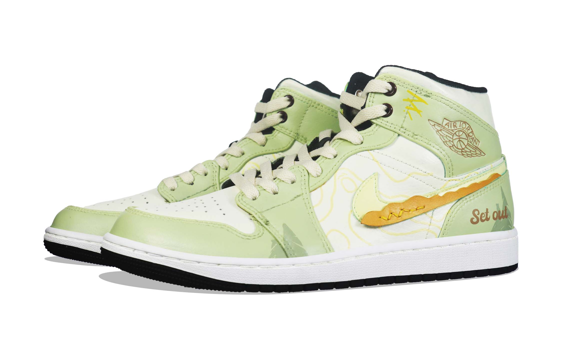 Shop [Kasut Custom] Air Jordan 1 Mid 'Summer Outdoor Camp Hijau Kuning Terang' 554724-132(Team36-男款户外风)