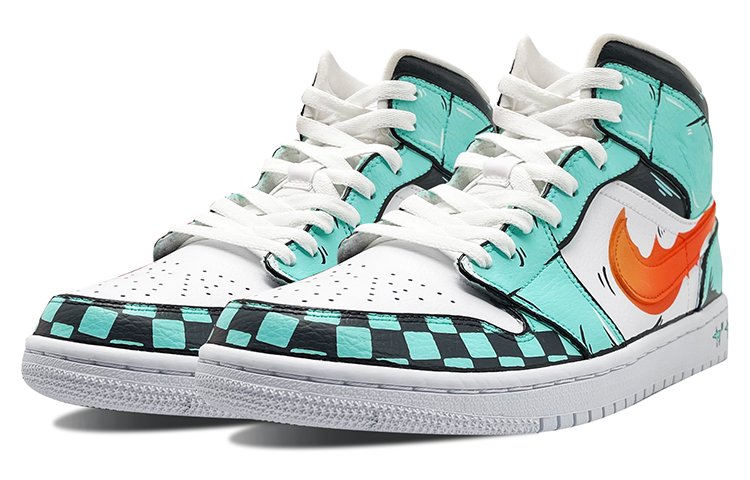 Lookbook 에어 조던 1 미드 '탄지로 카마도' 커스텀 슈즈 554724-130(Team-E男款鬼灭之刃橙绿白)