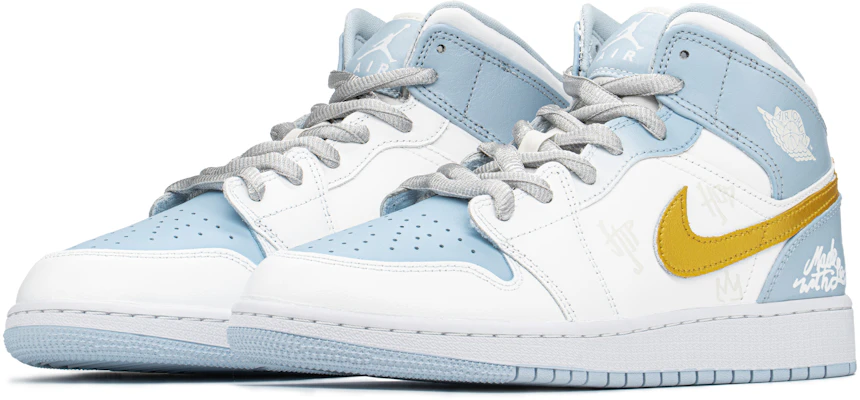 【定製籃球鞋】Air Jordan 1(GS) FZBB 情人節主題 海藍奇緣 愛情製造 濺墨 中筒 復古籃球鞋 藍金白 Lookbook 【定製籃球鞋】Air Jordan 1(GS) FZBB 情人節主題 海藍奇緣 愛情製造 濺墨 中筒 復古籃球鞋 藍金白