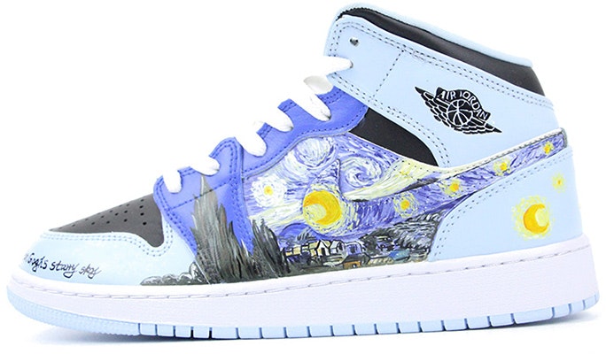 【定制球鞋】 Jordan Air Jordan 1 Mid 油畫風 梵高星空 中幫 復古籃球鞋 GS 藍黑 Buy 【定制球鞋】 Jordan Air Jordan 1 Mid 油畫風 梵高星空 中幫 復古籃球鞋 GS 藍黑