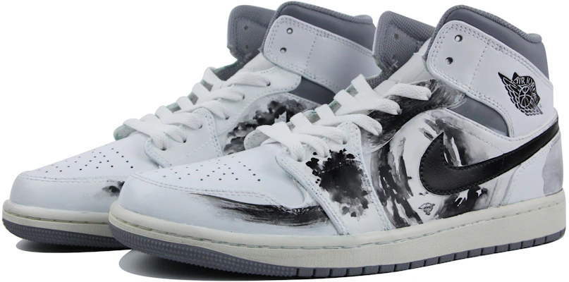 【定制球鞋】 Jordan Air Jordan 1 Mid "Vintage Grey" 國風 水墨 墨韻 耐磨防滑 中幫 復古籃球鞋 男款 白黑 Lookbook 【定制球鞋】 Jordan Air Jordan 1 Mid "Vintage Grey" 國風 水墨 墨韻 耐磨防滑 中幫 復古籃球鞋 男款 白黑