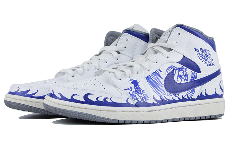 Lookbook [Kasut Custom] Air Jordan 1 Mid 'Kelabu Biru Putih Vintage' 554724-135(Team39-AMY50青花瓷)