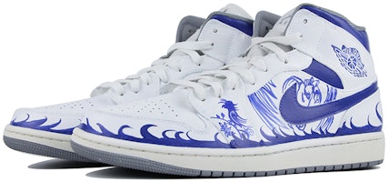 【定製球鞋】 Jordan Air Jordan 1 Mid Vintage Grey 國風 青花瓷 防滑耐磨 中幫 復古籃球鞋 男款 藍白 Lookbook 【定製球鞋】 Jordan Air Jordan 1 Mid Vintage Grey 國風 青花瓷 防滑耐磨 中幫 復古籃球鞋 男款 藍白