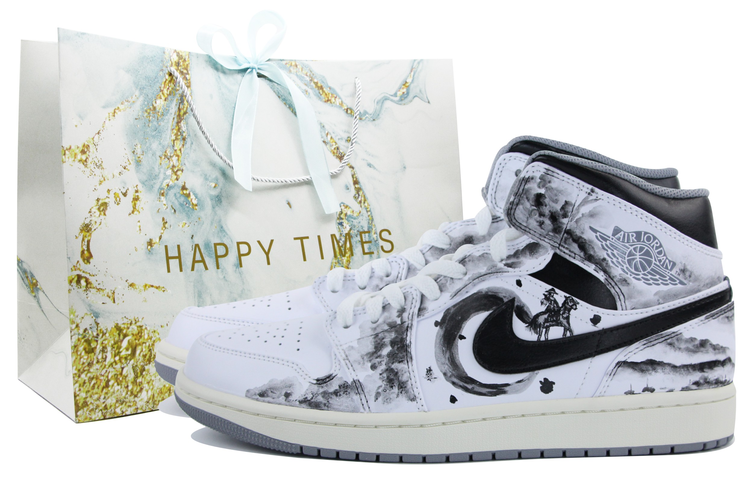 Buy 【定制球鞋】 Jordan Air Jordan 1 Mid Vintage Grey 中國風 水墨丹青 俠客行 中幫 復古籃球鞋 男款 黑白