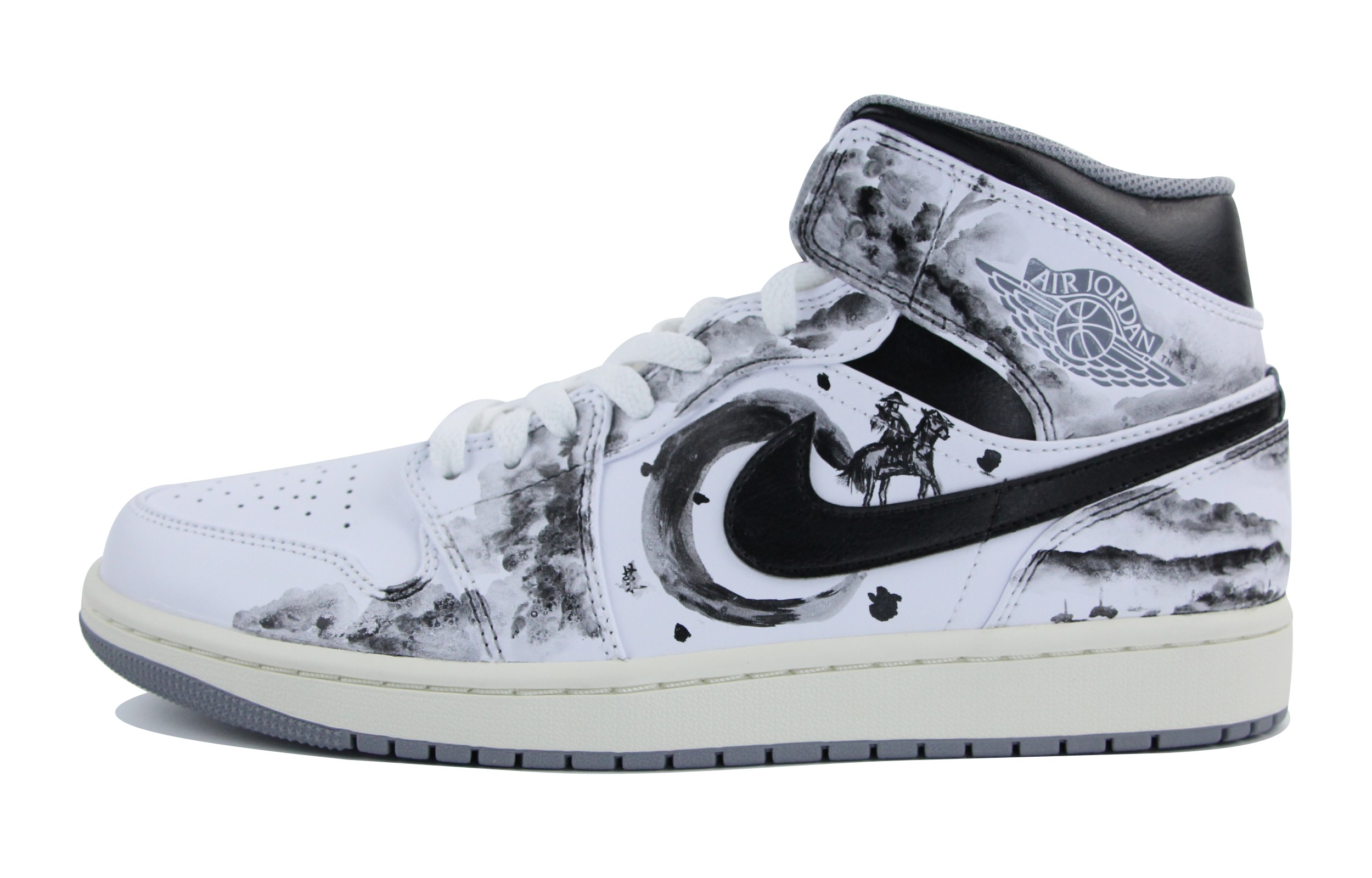 Order 【定制球鞋】 Jordan Air Jordan 1 Mid Vintage Grey 中國風 水墨丹青 俠客行 中幫 復古籃球鞋 男款 黑白
