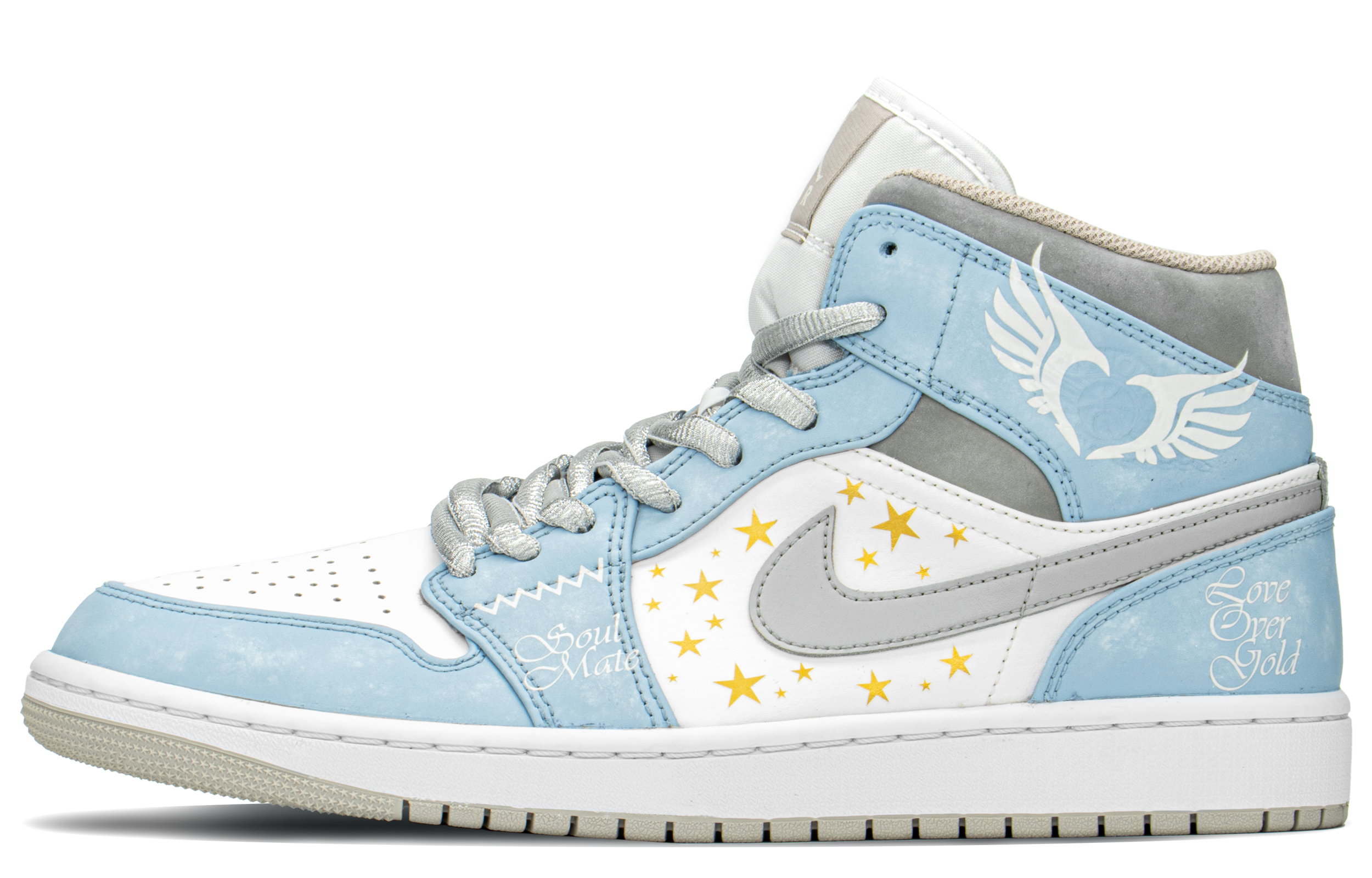 Buy [Sepatu Kustom] Air Jordan 1 Mid 'Biru Emas Abu-abu' 554724-082(TeamA-AJ水洗北卡S-BOX)