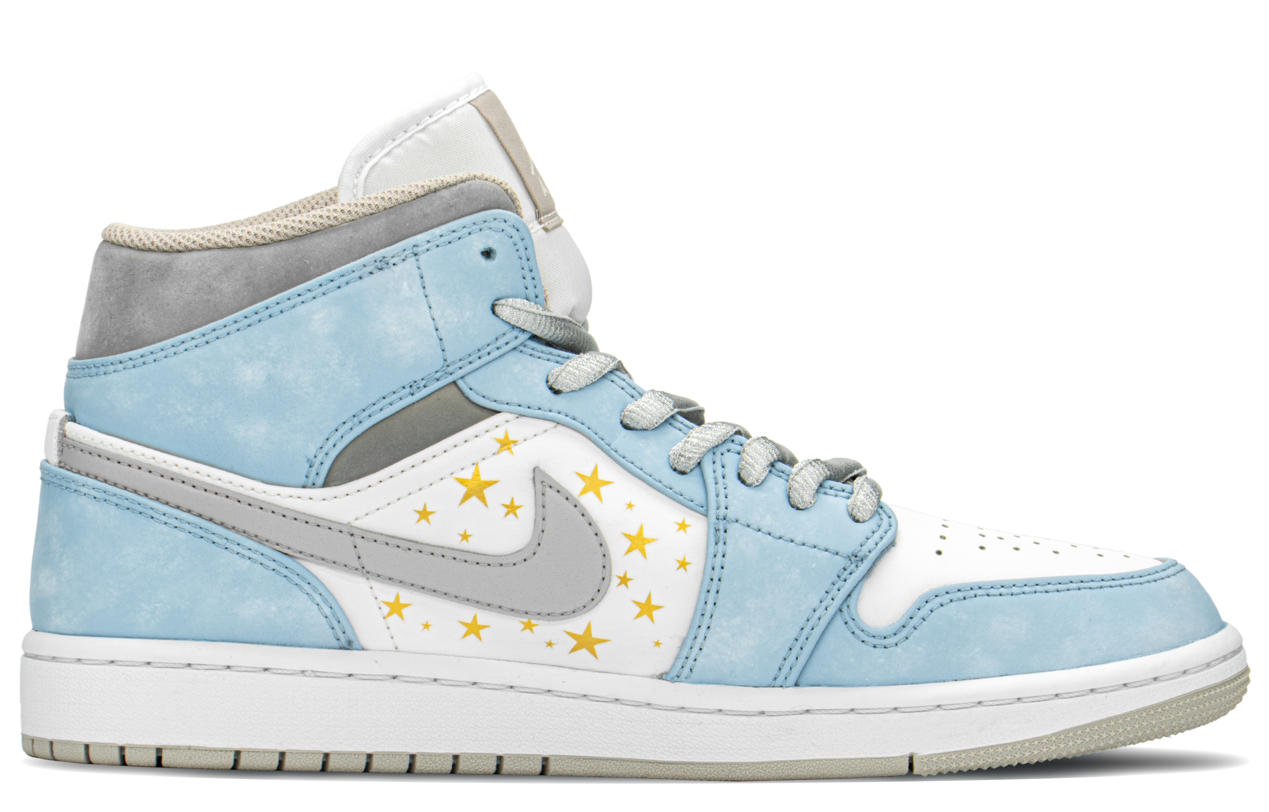 Order [Sepatu Kustom] Air Jordan 1 Mid 'Biru Emas Abu-abu' 554724-082(TeamA-AJ水洗北卡S-BOX)