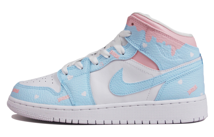 Buy [Sepatu Kustom] Air Jordan 1 Mid 'Putih Biru Pink Cinta' 554725-130(TeamJ-爱心粉蓝流淌女款)