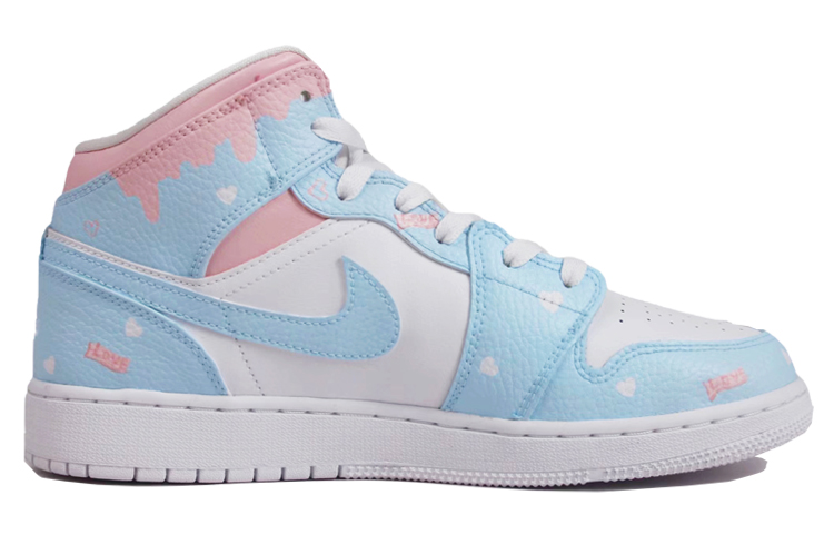 Order [Sepatu Kustom] Air Jordan 1 Mid 'Putih Biru Pink Cinta' 554725-130(TeamJ-爱心粉蓝流淌女款)