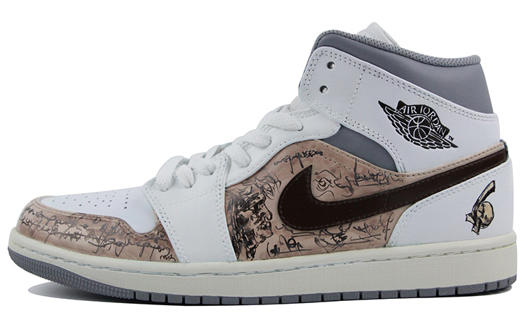 Buy 【定制球鞋】Jordan Air Jordan 1 Mid 油畫風 素描圖 耐磨防滑 中幫 復古籃球鞋 男款 白棕