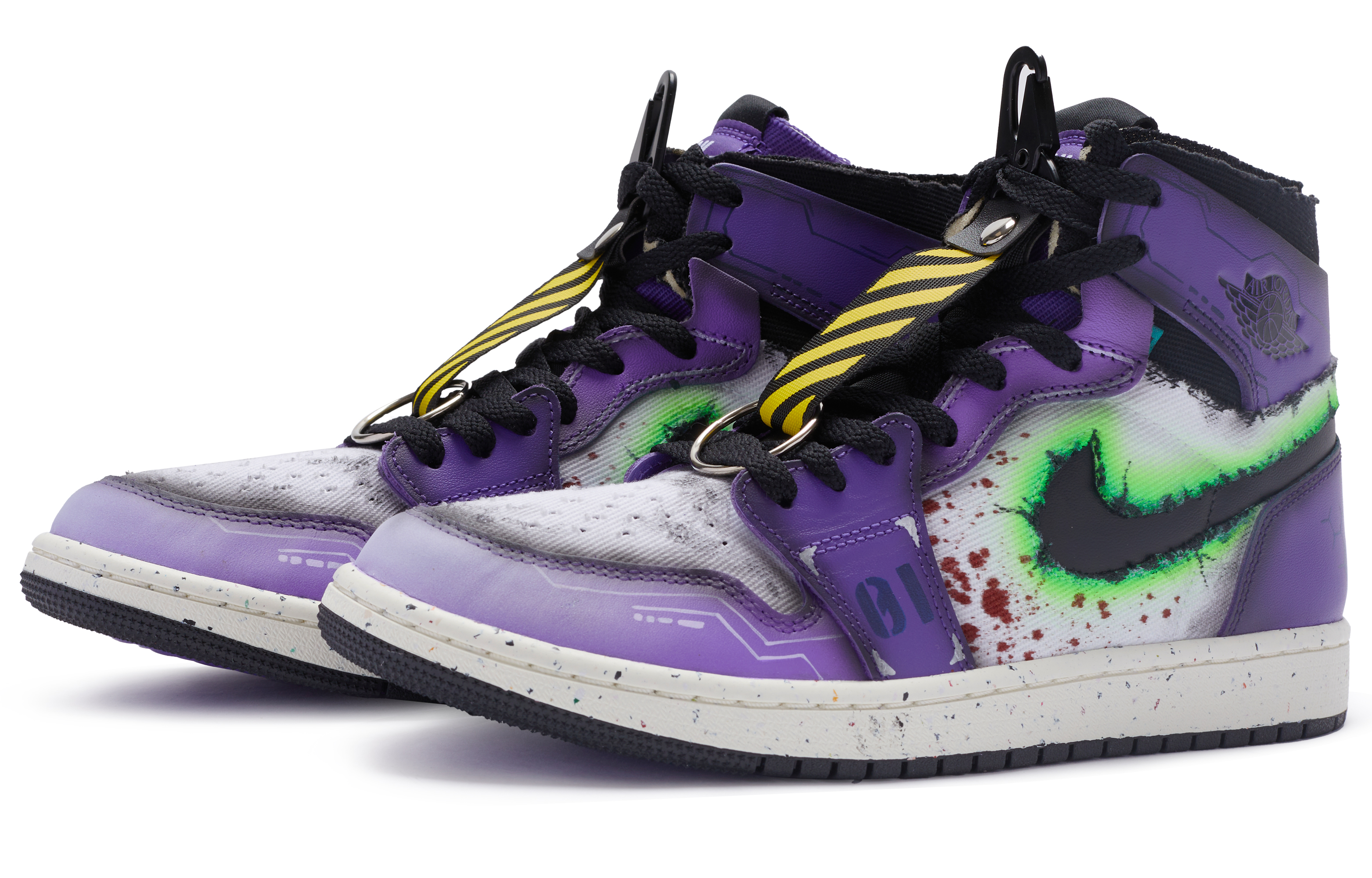 Lookbook 【定制球鞋】 Jordan Air Jordan 1 科技未來感 一号機 手繪噴繪 中幫 復古籃球鞋 男款 白紫綠紅