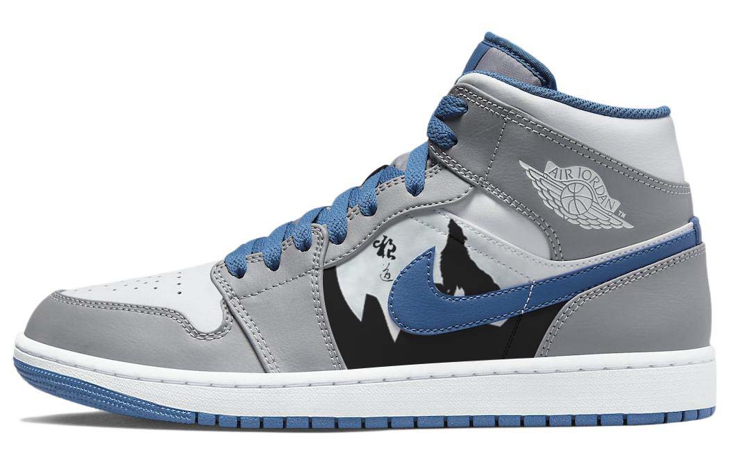 Buy [Sepatu Kustom] Air Jordan 1 Mid 'Serigala Abu Putih Biru' DQ8423-014(Team56-狼山图腾)