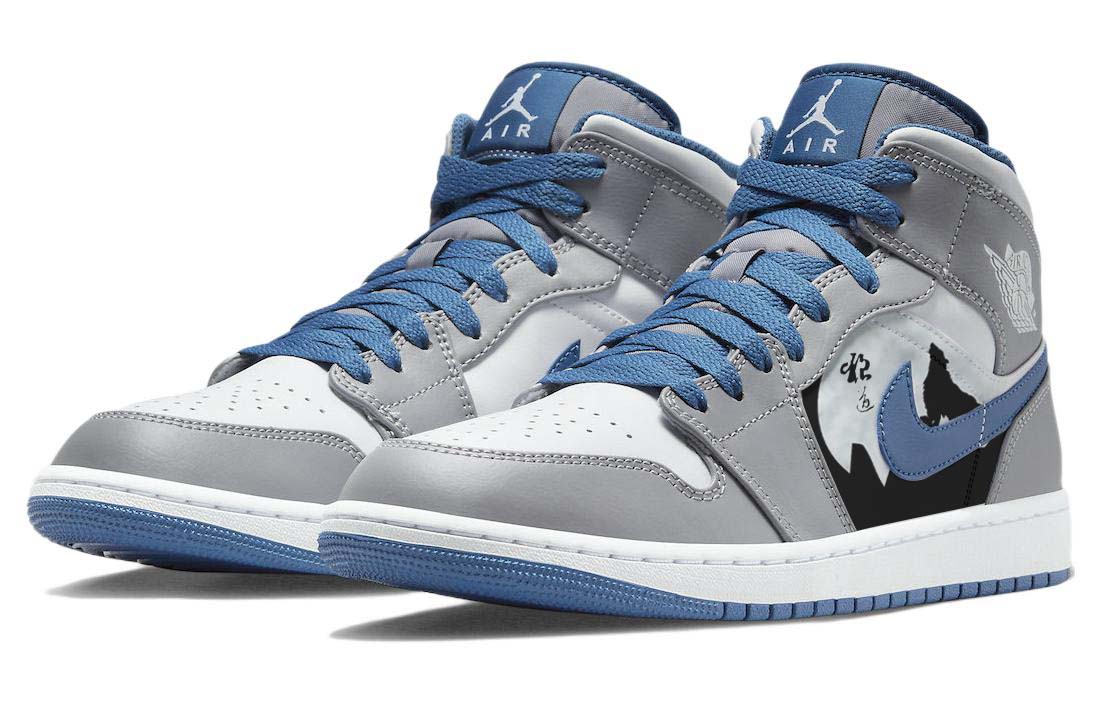 Lookbook [Sepatu Kustom] Air Jordan 1 Mid 'Serigala Abu Putih Biru' DQ8423-014(Team56-狼山图腾)