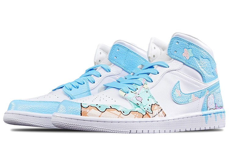 Lookbook 【訂製球鞋】Jordan Air Jordan 1 Mid 手繪噴繪 夏日主題 雪糕冰淇淋 中幫 復古籃球鞋 男女同款 北卡藍