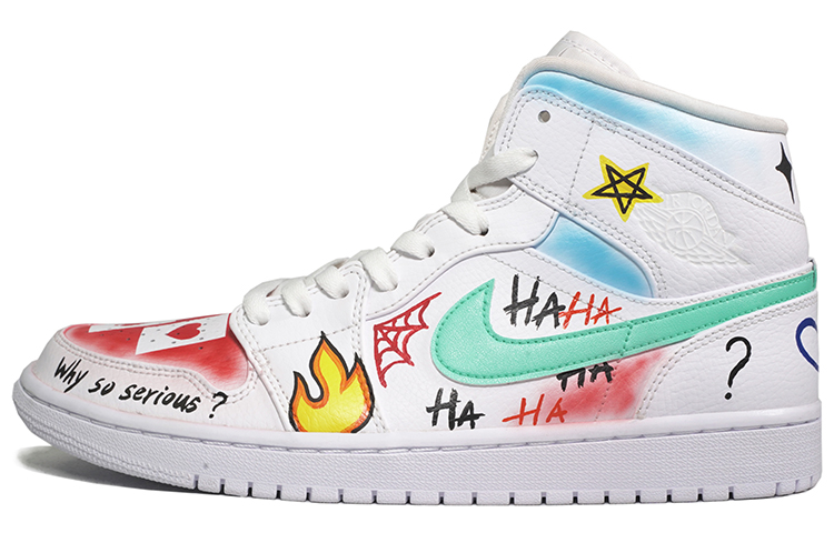 Buy [Sepatu Custom] Air Jordan 1 Mid Biru Putih Merah Graffiti Joker April Mop 554724-130(TeamF-涂鸦小丑绿红白)