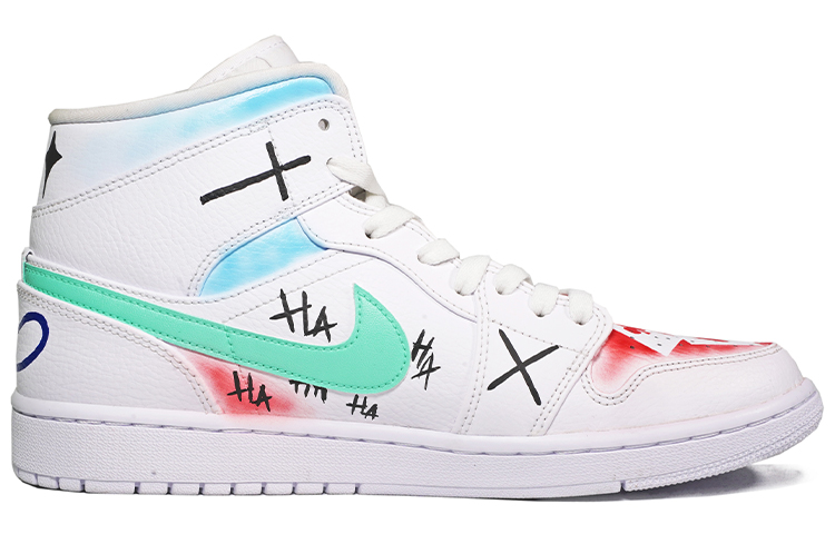 Order [Sepatu Custom] Air Jordan 1 Mid Biru Putih Merah Graffiti Joker April Mop 554724-130(TeamF-涂鸦小丑绿红白)