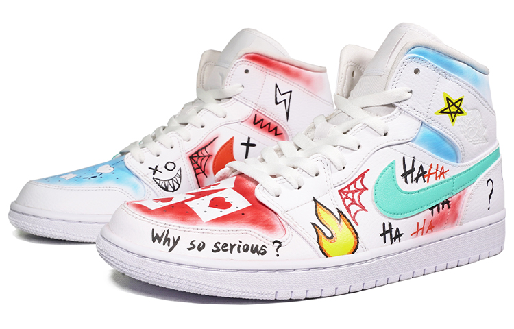 Lookbook [Sepatu Custom] Air Jordan 1 Mid Biru Putih Merah Graffiti Joker April Mop 554724-130(TeamF-涂鸦小丑绿红白)