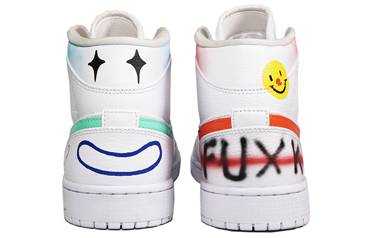 Shop [Sepatu Custom] Air Jordan 1 Mid Biru Putih Merah Graffiti Joker April Mop 554724-130(TeamF-涂鸦小丑绿红白)
