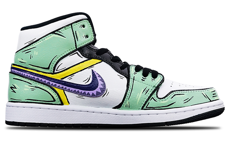 Order カスタムシューズ - エアジョーダン1ミッド 紫白緑 'ワンピースゾロ' 554724-132(Teamone-男款索隆)