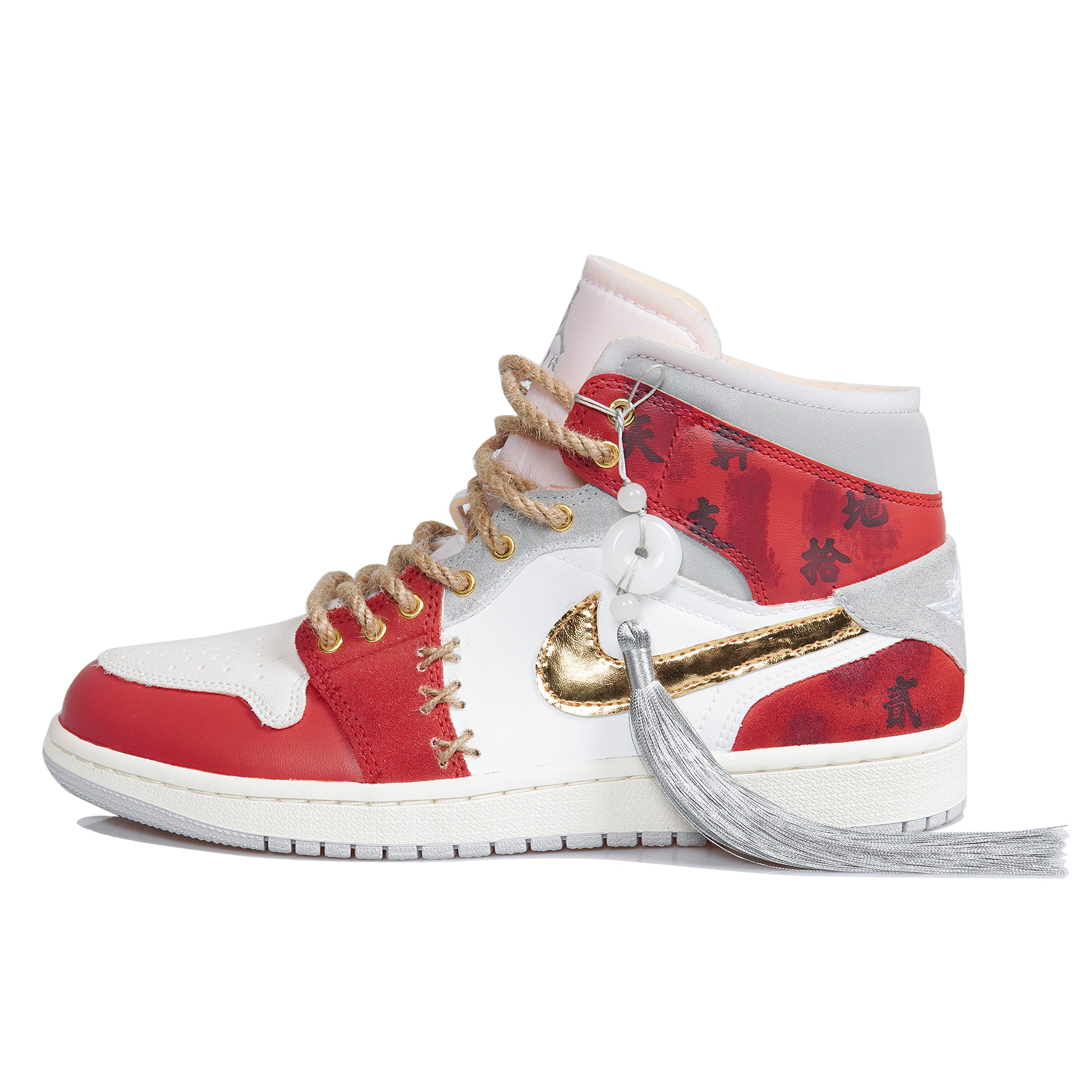 Order [Kasut Tersuai] Air Jordan 1 Mid SE 'Tahun Baru Cina Tahun Arnab Putih Merah Emas' DM9652-100(TeamP-男款书法玉佩白红金BOX)