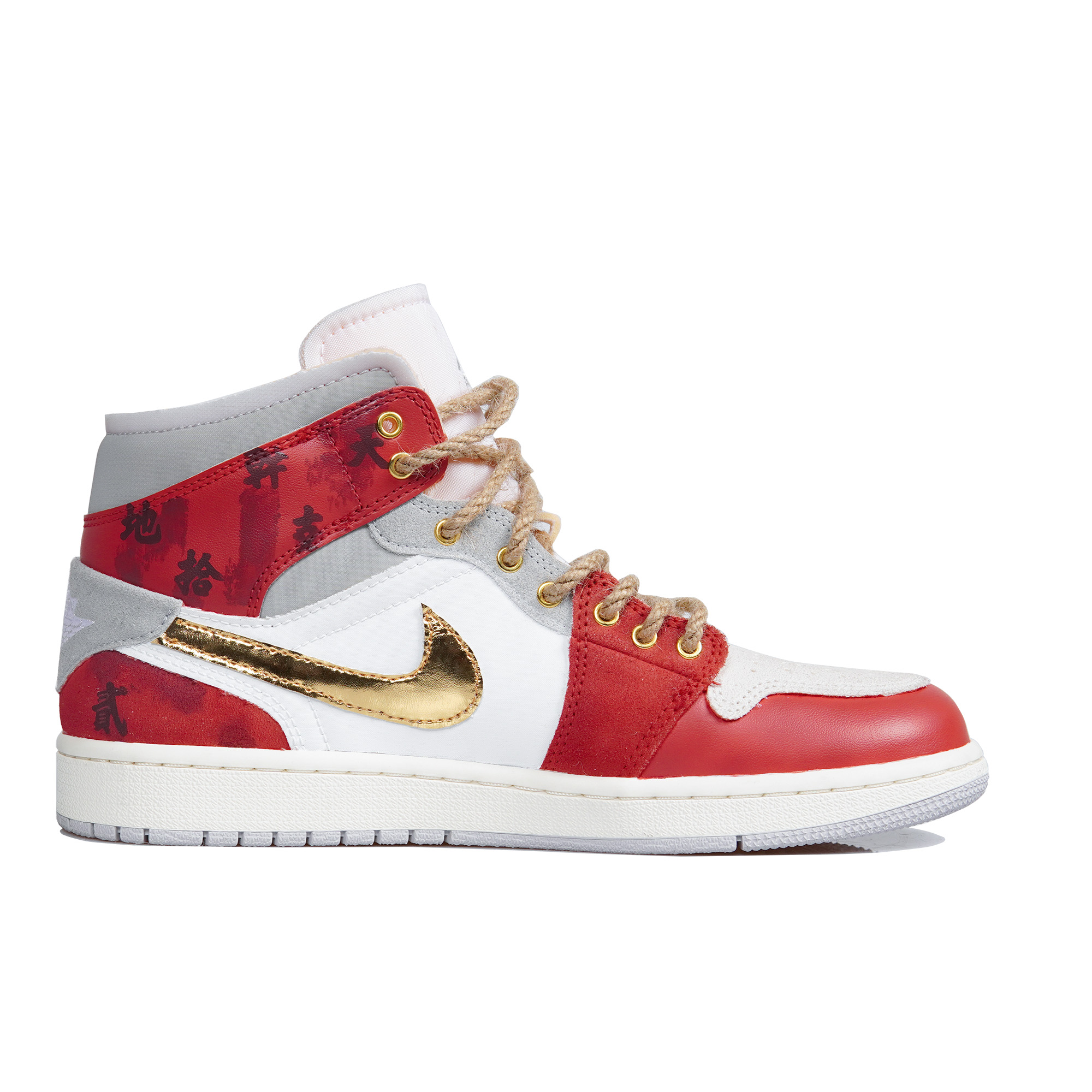 Order [Kasut Custom] Air Jordan 1 Mid SE 'CNY Tahun Arnab Putih Merah Emas' DM9652-100(TeamP-男款书法玉佩白红金)