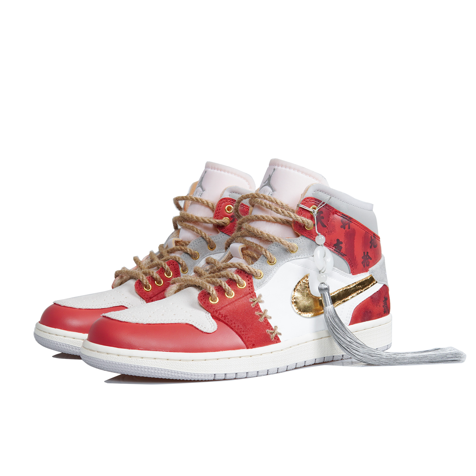 Lookbook [Kasut Custom] Air Jordan 1 Mid SE 'CNY Tahun Arnab Putih Merah Emas' DM9652-100(TeamP-男款书法玉佩白红金)