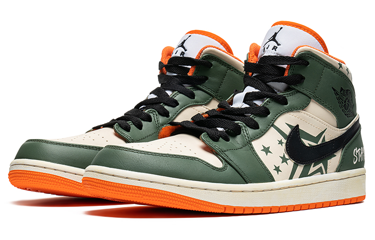 Lookbook [Sepatu Custom] Air Jordan 1 Mid SE 'Coffee Dye Graffiti Star Hijau Army' DM3531-800(TeamB-男款五角星军绿)