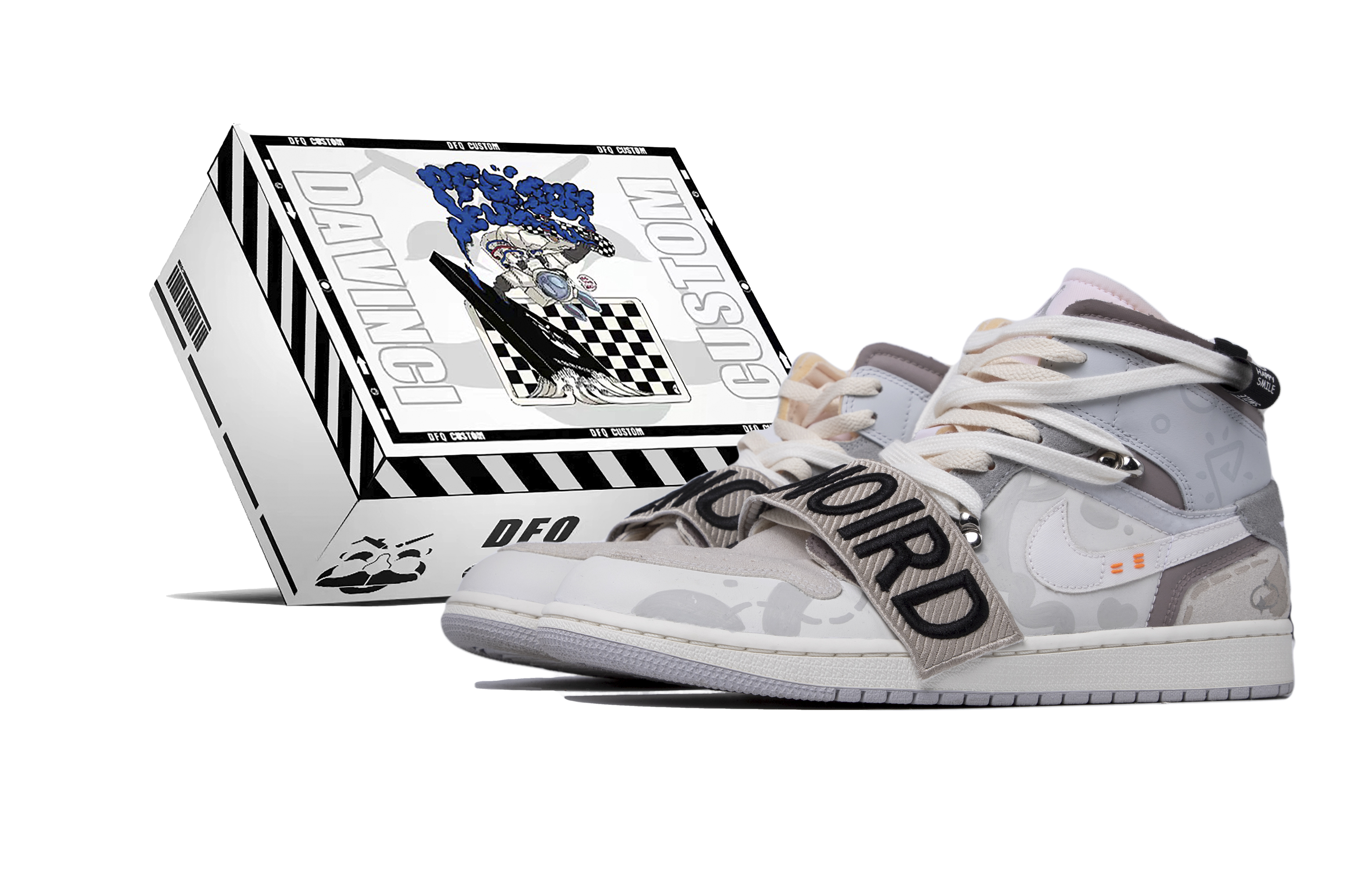 Buy [定制运动鞋] Air Jordan 1 中帮 SE '达芬奇笑脸涂鸦' DQ3726-100(TeamM-女款笑脸涂鸦S-BOX)