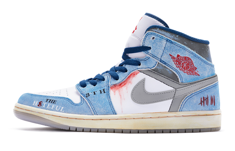 Buy [Sepatu Custom] Air Jordan 1 Mid SE 'Hateful Eight Dilukis Putih Biru' DR6235-401(TeamR-八恶人女款白蓝）