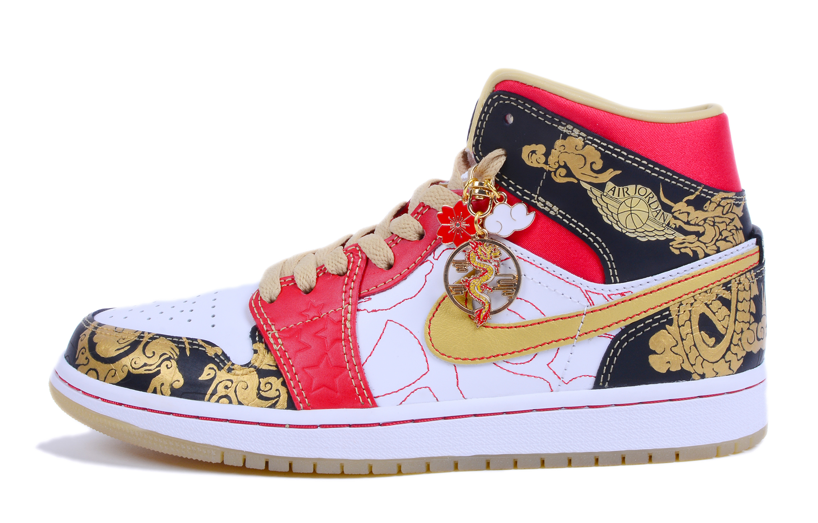 Buy 레드 골드 블랙 에어 조던 1 미드 SE 커스텀 (Red Gold Black Air Jordan 1 Mid SE Custom) DV0576-176(Team42-男款良缘婚鞋红金黑)