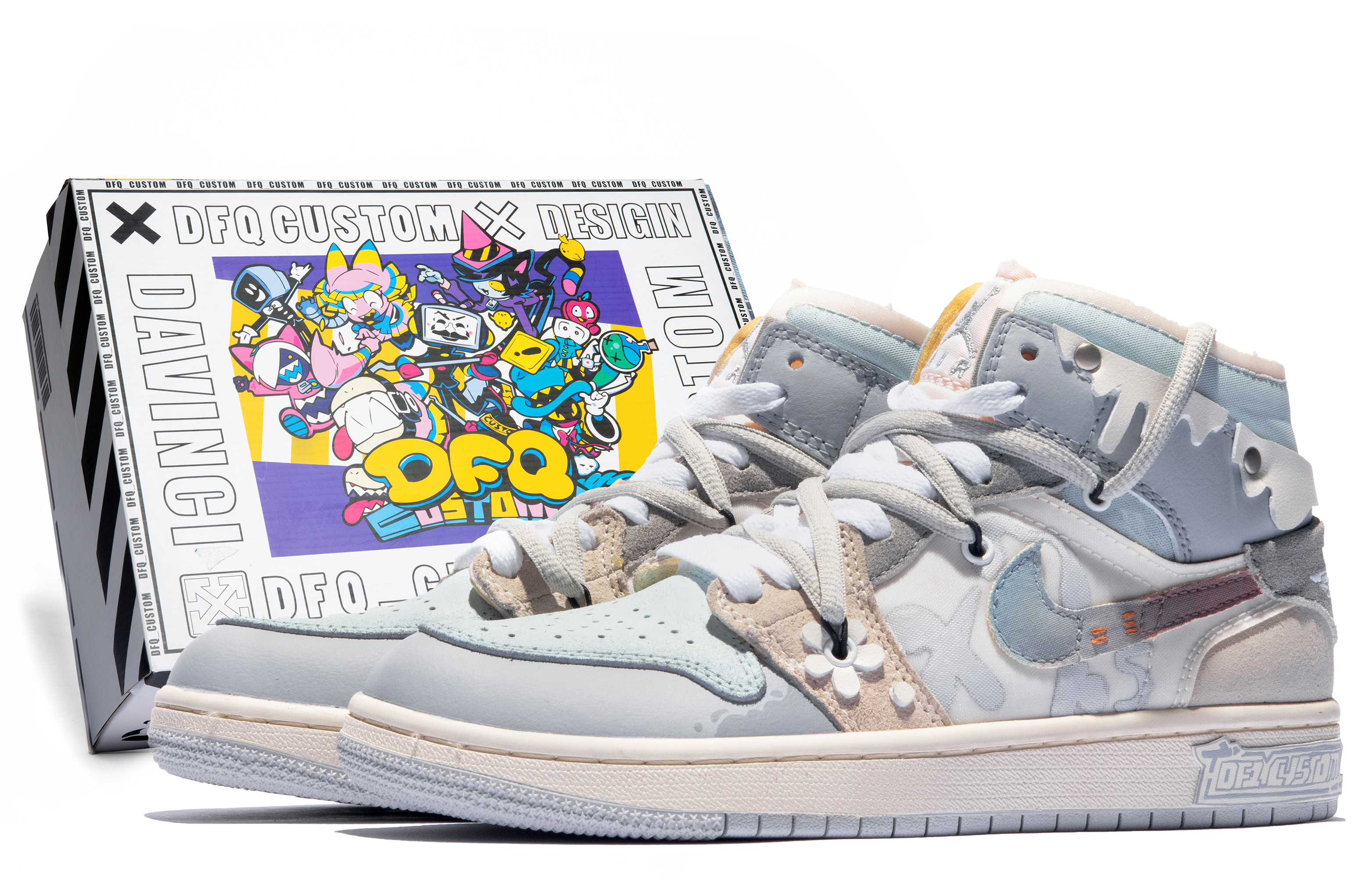 Buy 【定製球鞋】 Jordan Air Jordan 1 Mid SE Craft 達芬奇定製 特殊鞋盒 雪花蜜羽 塗鴉 中幫 復古籃球鞋 GS 藍灰