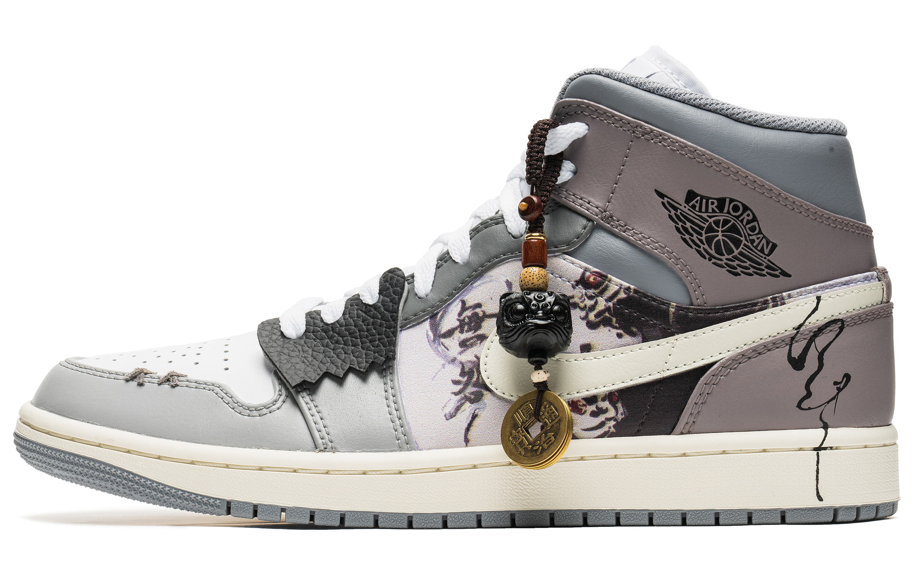 Order 【訂製籃球鞋】Jordan Air Jordan 1 LMid 野鶴製造 水墨銅錢 特殊配飾 拼接解構 禮盒版 中筒 復古籃球鞋 男款 灰紫