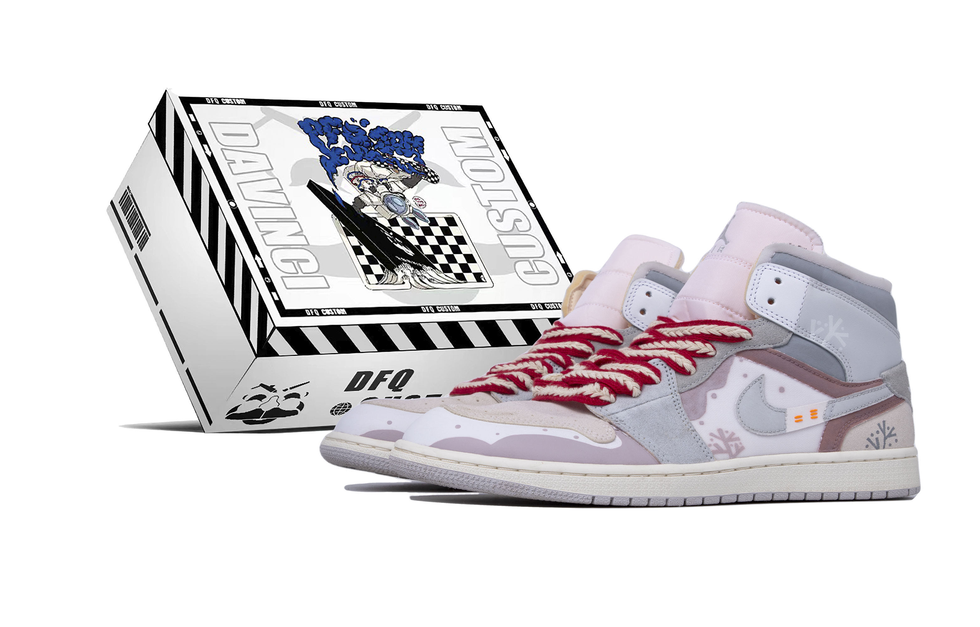 Buy [Sepatu Custom] Air Jordan Custom x 1 Mid 'Natal Da Vinci Abu Putih' DM9652-100(TeamM-男款圣诞温情S-B0X)