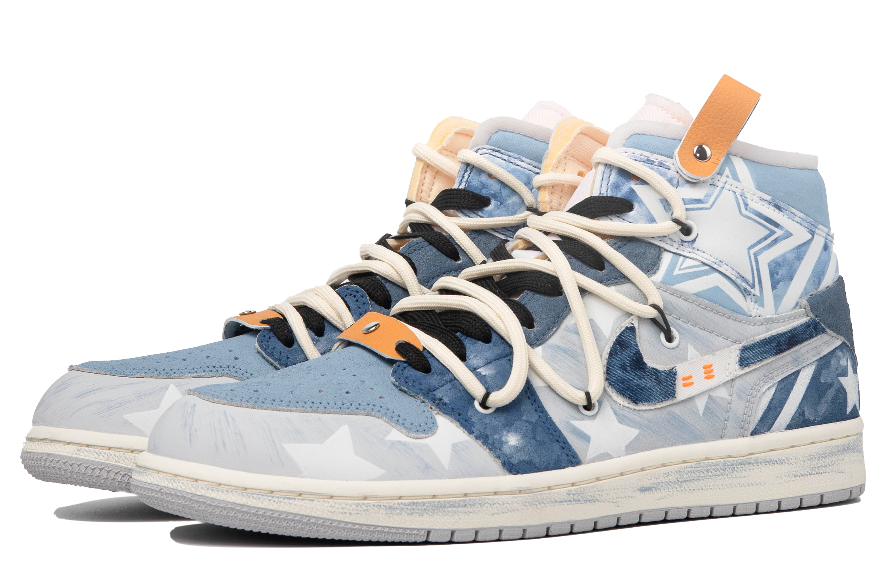 Shop [Sepatu Kustom] Air Jordan Custom x 1 Mid 'Da Vinci Starry Denim Biru Putih' DM9652-100(TeamM-男款众星璀璨S-BOX)