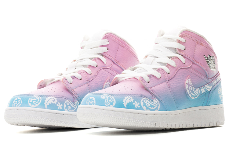 Lookbook 【カスタムシューズ】バレンタインブルーピンクグラデーションAir Jordan Mid 554724-130(TeamA-AJ1男女款腰果花蓝粉)