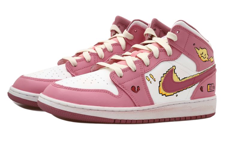 Shop [定制鞋款] 耐克Air Jordan 1 Mid '动漫皮卡丘 天然白 粉色' DQ8423-616(Team拾玖-动漫比卡女S-BOX)