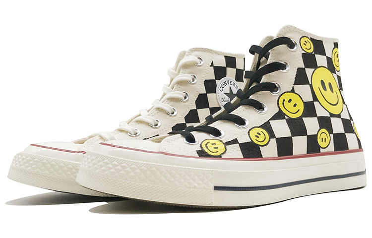 Lookbook [定制鞋款] 匡威Chuck 1970s 高帮 '格纹笑脸涂鸦' 162053C(TeamD-男女同款棋盘格笑脸黑白黄)