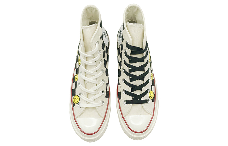 Shop [定制鞋款] 匡威Chuck 1970s 高帮 '格纹笑脸涂鸦' 162053C(TeamD-男女同款棋盘格笑脸黑白黄)