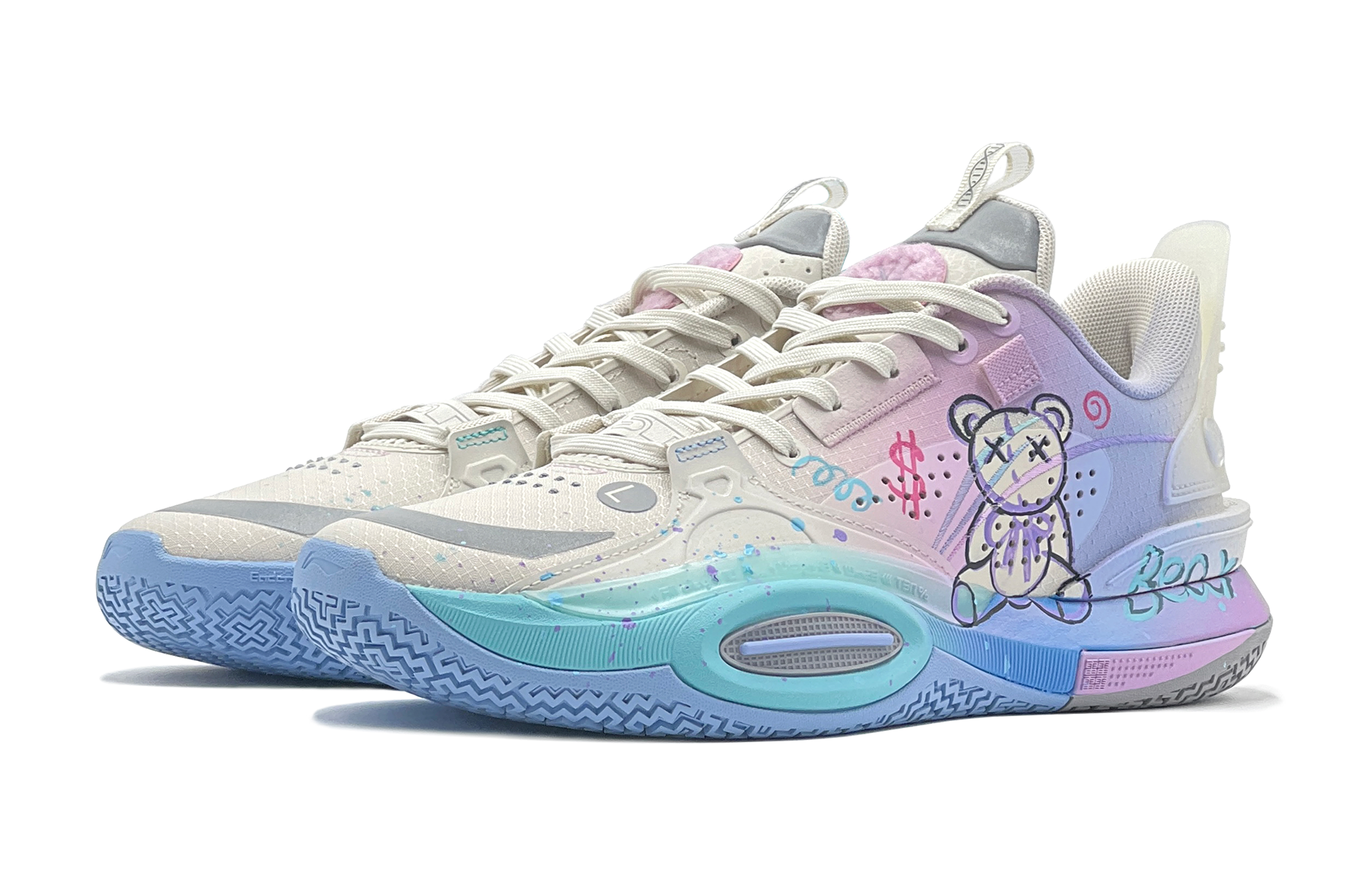 Lookbook [Kasut Custom] Li-Ning 'Gradient Beruang Grafitti Ungu Biru' 'Gula-gula Kapas' ABAS009-1(TeamS-蓝紫渐变小熊)