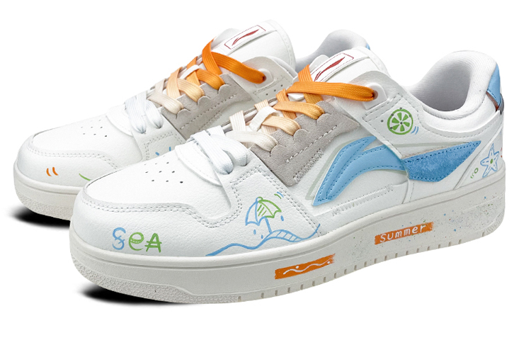 Lookbook 【定制球鞋】【預售】LiNing李寧 天跡 情人節主題 塗鴉 夏日 沙灘椰樹 可愛 情侶 禮物 低幫 板鞋 男款 白橙